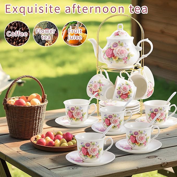 20-Pieces Porcelain Bone china Tea Sets,Gold Rim Coffee Set with Golden Metal Rack,Tea Gift Sets for Home&Party (008) - Bloomnest