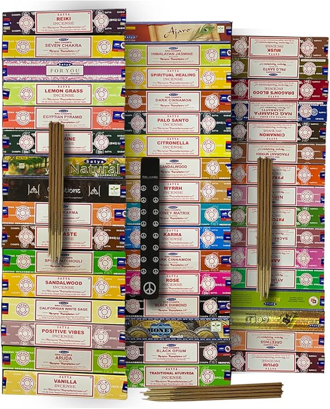Satya Incense Sticks Variety Pack of 12 Randomly Selected Fragrances and Incense Stick Holder Bundle Total 180 Sticks TRUMIRI