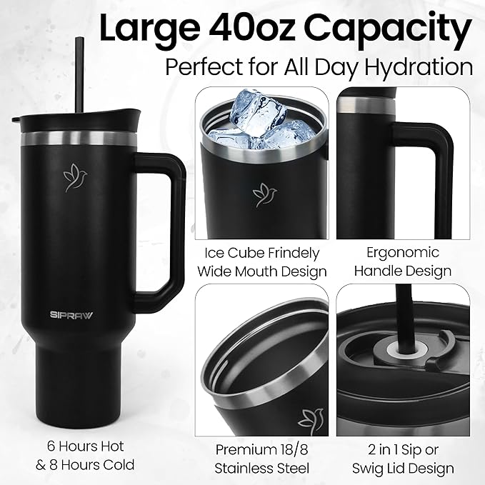 Tumbler with Handle, Insulated Tumbler with Lid and Straw, Stainless Steel Travel Coffee Mug, Cup Holder Friendly, Perfect for Camping, Travelling & Gifting, 40oz, Black - Bloomnest