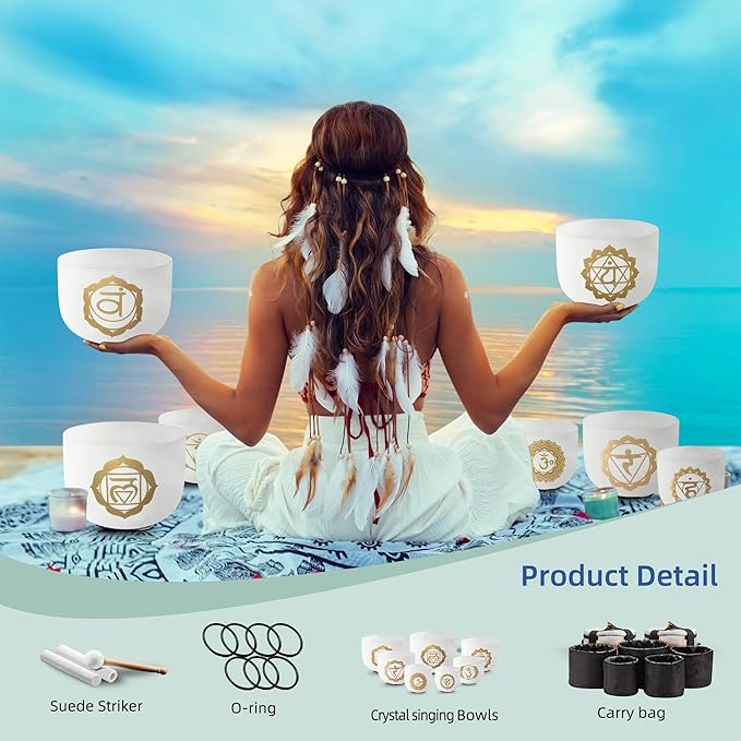Ryan Dvan 432Hz 7-12 Inch 7 Gold Chakra Design Crystal Singing Bowl Set Frosted Quartz Crystal Sound Therapy Kit with Mallets 2 Cases O-Ring for Yoga Meditation Energy Balancing Reiki Healing - Bloomnest