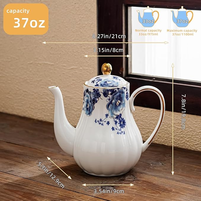 Tea Pot, Porcelain Teapot 37oz,tea pots for tea party,Tea Infuser Pots for Blooming loose Leaf Tea (White with blue flower)