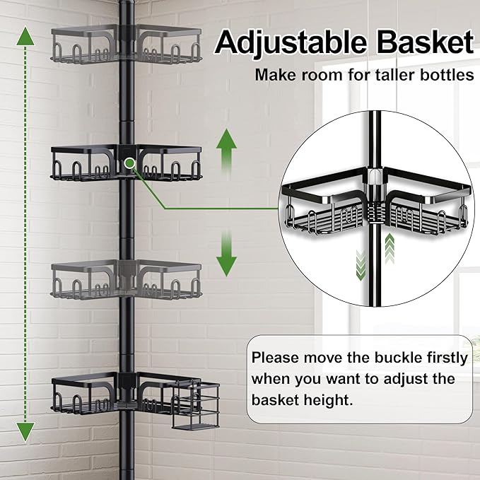 Corner Shower Caddy Tension Pole 4 Tier Adjustable Stainless Steel Shower Shelf for Inside Shower Bathtub Shampoo,Standing Bathroom Organizer Shelves with 39 to 113 inch Height - Bloomnest