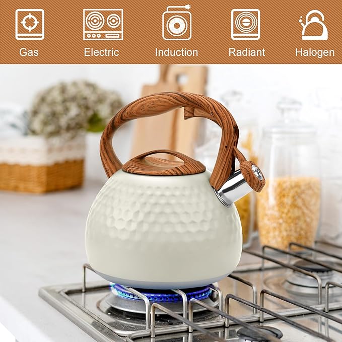 GGC Tea Kettle for Stove Top, Loud Whistling Kettle for Boiling Water Coffee or Milk, 3.1 Quart 3L Heavy Stainless Steel White Kettles with Wood Pattern Handle, Unique Button Control Kettle Outle - Bloomnest