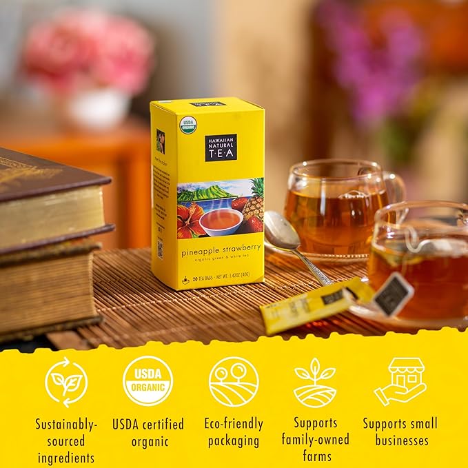 Hawaiian Natural Pineapple Strawberry Flavored Organic Tea - Tropical Fruit Green And White Tea, Perfect Daily Cup & Gift - 20 Bags - Bloomnest