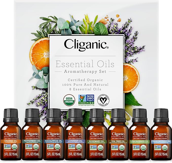 Cliganic Organic Aromatherapy Essential Oils Gift Set (Top 8), 100% Pure - Peppermint, Lavender, Eucalyptus, Tea Tree, Lemongrass, Rosemary, Frankincense & Orange - Bloomnest