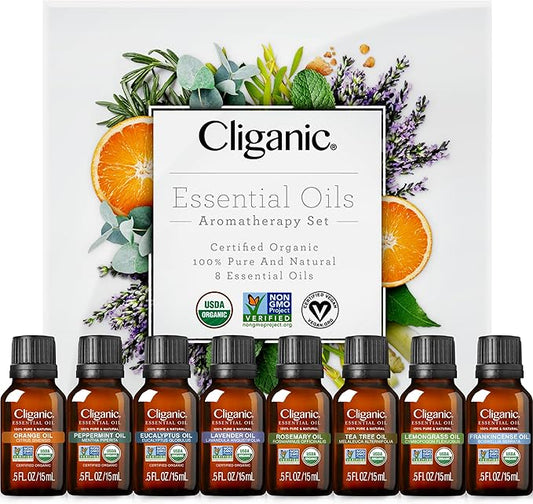 Cliganic Organic Aromatherapy Essential Oils Gift Set (Top 8), 100% Pure - Peppermint, Lavender, Eucalyptus, Tea Tree, Lemongrass, Rosemary, Frankincense & Orange - Bloomnest
