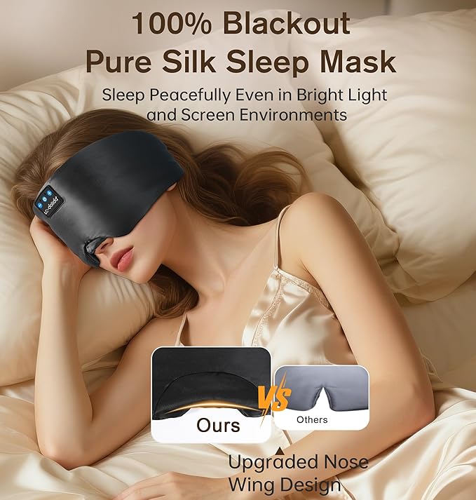 LC-dolida Luxurious Silk Soft Sleep Mask, Sleep Headphones with Bluetooth 5.4 for Side Sleeper, Total Blackout Eye Sleeping Mask for Women and Men, Ideal Gift for Restful Sleep, Travel(Black) - Bloomnest