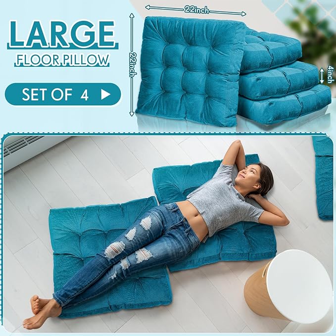 Jerify Floor Pillow Cushions 22 x 22 Inch Round Square Large Meditation Floor Pillow for Classroom Adult Meditation Picnic Party Cushion for Seating Gift Christmas(Square,Blue,4 Pcs) - Bloomnest