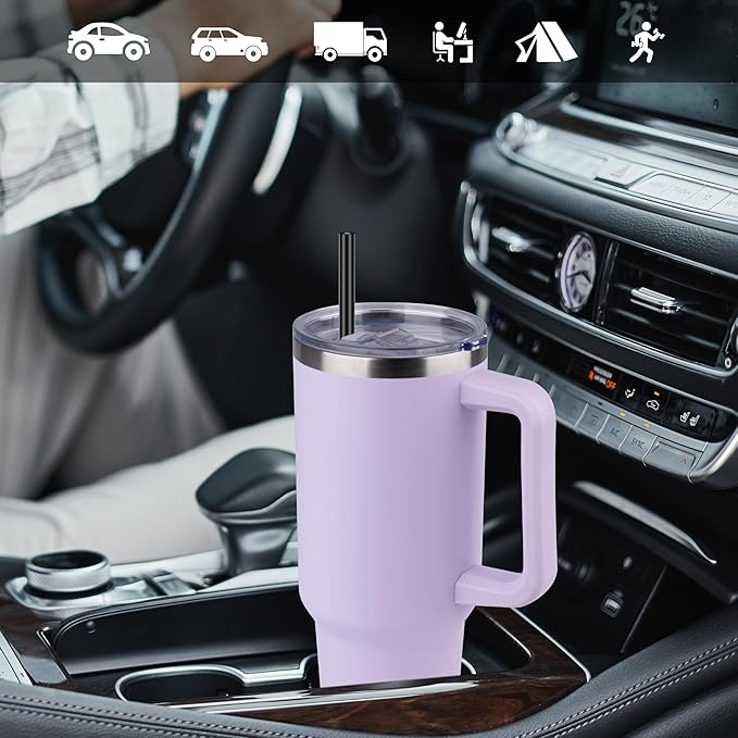 DOMICARE 40 oz Tumbler with Handle and Straw, Stainless Steel Tumbler with Lid and Straw, Reusable Vacuum Insulated Cup, Travel Coffee Mug, Lavender, 4Pack - Bloomnest