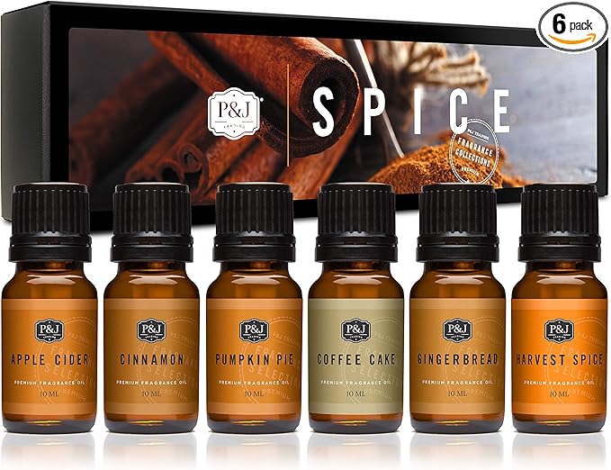 P&J Fragrance Oil Spice Set | Cinnamon, Harvest Spice, Apple Cider, Coffee Cake, Gingerbread, and Pumpkin Pie Candle Scents for Candle Making, Freshie, Soap Making Supplies, Diffuser Oil Scents PJTrading
