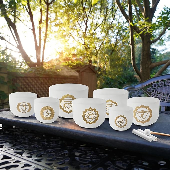 RYAN DVAN 432 hz 7-12 Inch Set of 7 Gold Chakra Design Quartz Crystal Singing Bowl Chakra Set with Free 2 pcs Carrying Case - Bloomnest