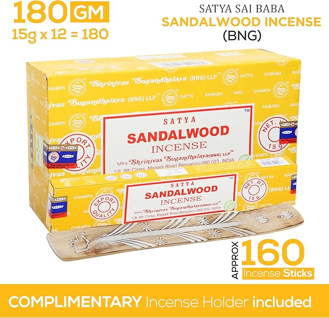 Satya Sandalwood Incense Sticks, Satya Bng Insens 15gmx12 Pack with Raajsee Insence Holder Bundle, Satya Nagchampa Natural Incence - Bloomnest