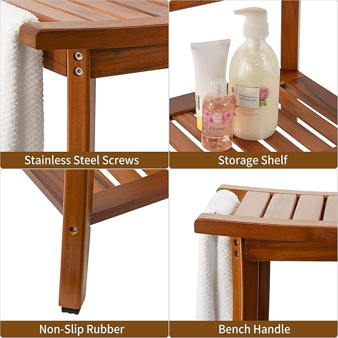 Utoplike Teak Shower Bench Seat with Handles, Portable Wooden Spa Bathing Stool with Storage Towel Shelf, 22" x 13" x 18.6", Perfect for Indoor and Outdoor Use - Bloomnest