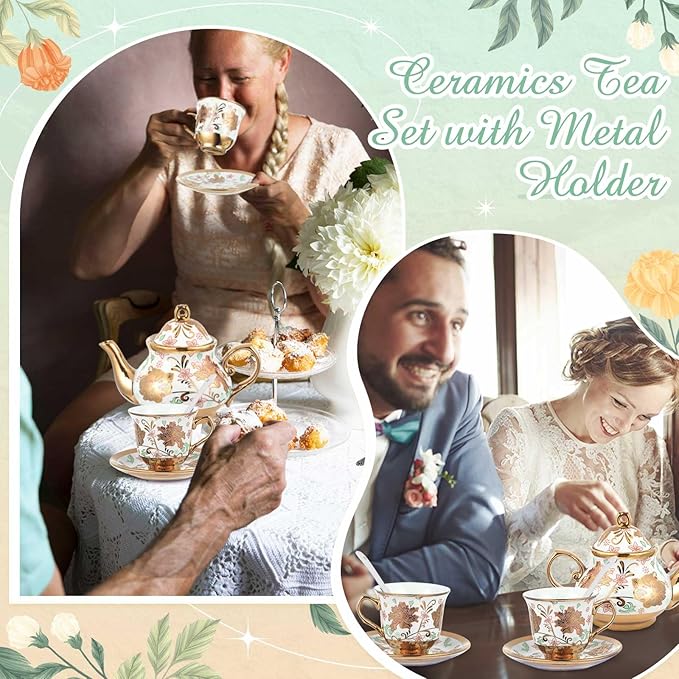 Zhehao 20 Pcs Porcelain Tea Set with Metal Holder and Spoon Adult Ceramic Tea Set European Flower Painting Teapot Cup Saucer Spoon for Women, Large Version(Elegant Style) - Bloomnest