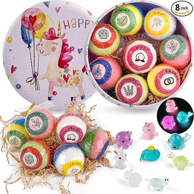8PCS Kids' Bath Bomb Surprises, Charming Metal Gift Box, This Toy Bath Bombs Set Features Natural Organic Fizzy Bubble Bath Bombs, Ideal as Christmas Stocking Fillers for Girls, Boys, and Toddlers. - Bloomnest