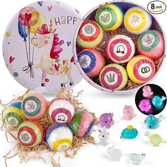 8PCS Kids' Bath Bomb Surprises, Charming Metal Gift Box, This Toy Bath Bombs Set Features Natural Organic Fizzy Bubble Bath Bombs, Ideal as Christmas Stocking Fillers for Girls, Boys, and Toddlers. - Bloomnest