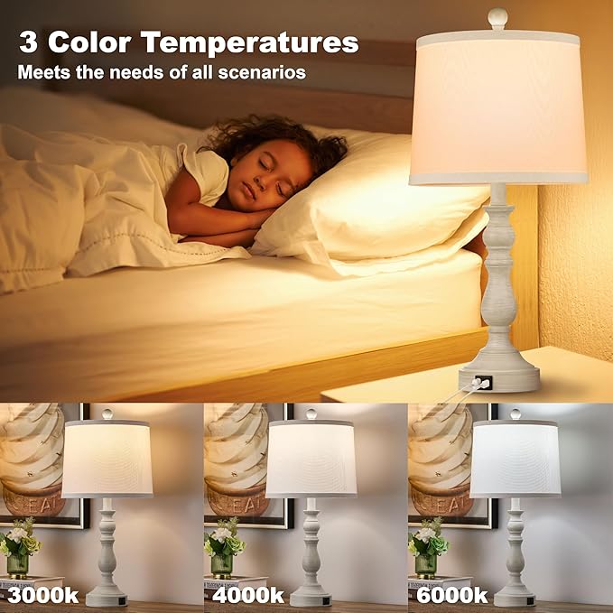 23'' Farmhouse Table Lamps for Living Room Set of 2 with USB C+A Ports, Retro Bedside Lamp for Bedroom, Office, Dining Room, Knob Switch, 3 Color Temperatures, Bulb Included, Beige - Bloomnest