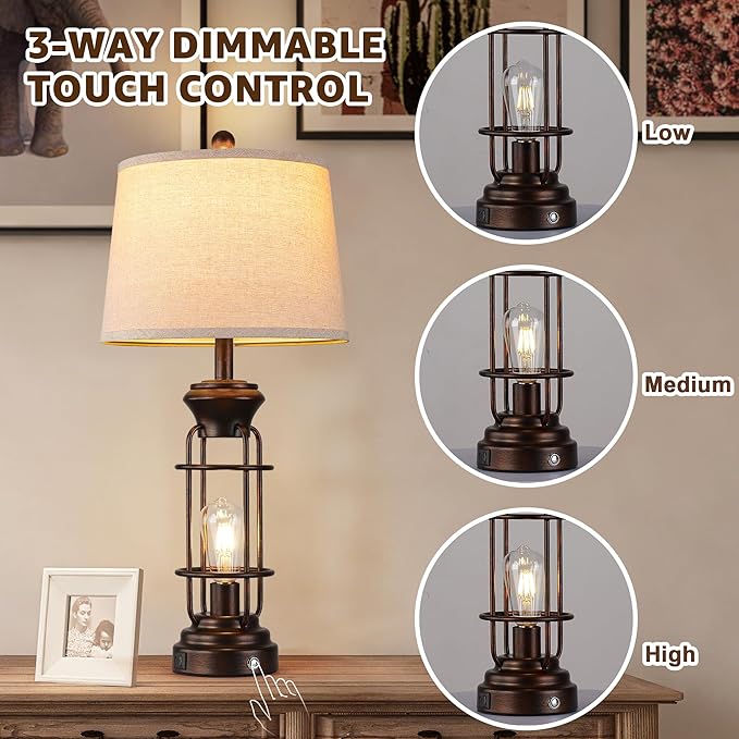 Table Lamps for Living Room Set of 2, 28.5" Farmhouse Lamps for Nightstand with USB C+A Ports, Touch Lamps for Bedroom, LED Bulbs Included - Bloomnest