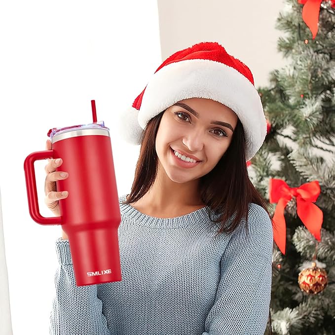 40 oz Tumbler with Handle and Straw Lid,Insulated Reusable Stainless Steel Water Bottle Travel Mug，Cupholder Friendly Double Wall Vacuum Sealed Cup (Cherry Red) - Bloomnest