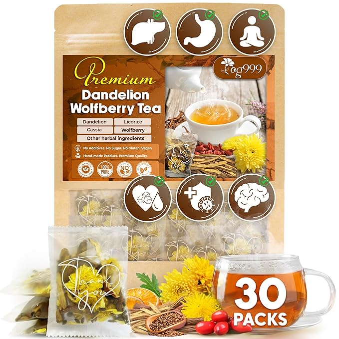 TOG999, Organic Dandelion Wolfberry Tea, 9 Herbal Ingredients, Traditional Recipe Tea for Kidney & Liver, Natural Dandelion, Wolfberry, Gardenia, Cassia Seed, Chrysanthemum, Licorice, Orange Peel (30 Bags) - Bloomnest