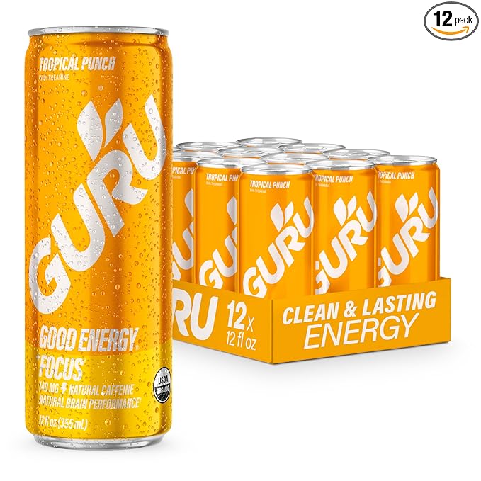 GURU Tropical Punch Organic Energy Drinks, Clean Energy Drink with Plant Based Natural Caffeine from Green Tea + Focus with L Theanine, Gluten Free, 140MG Caffeine, Healthy Drinks, 12oz (Pack of 12) - Bloomnest