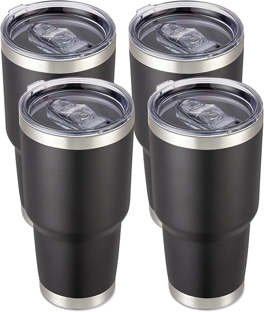 30 oz Tumbler with Lid Stainless Steel Tumblers Bulk Vacuum Insulated Cup Reusable Powder Coated Travel Mug Double Wall Leak Proof Cups Keep Cold Drinks for 12 Hours Black, Set of 4