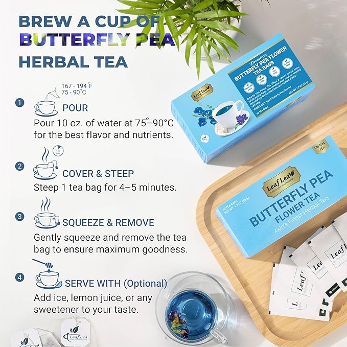 LeafLea 40 Butterfly Pea Flower Tea Bags, Herbal Flower Tea for Relaxation, Mocktails, and Natural Food Coloring, Caffeine-Free, Sugar-Free, Non-GMO - Bloomnest
