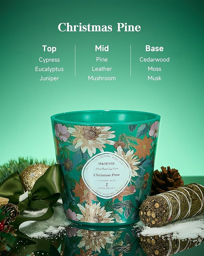 M&SENSE Christmas Pine Scented Candle, 28.2oz 3 Wick Natural Soy Wax Large Candles, Long Lasting Clean Slow Burning No Toxic Décor for Christmas, Romantic Dates & Gift-Giving - Bloomnest