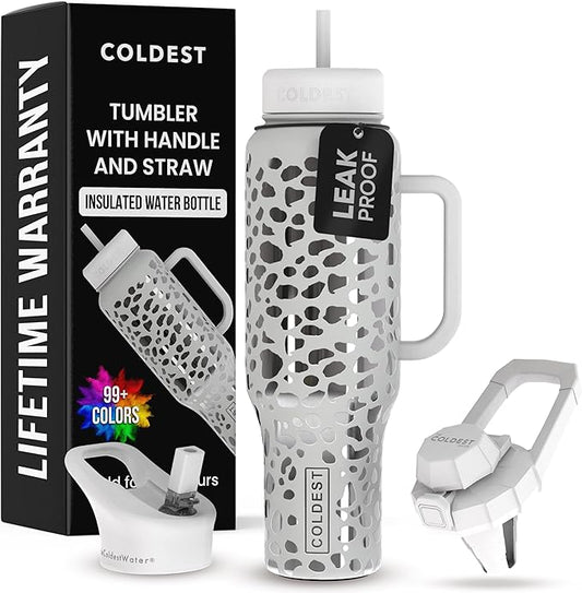 Coldest Tumbler with Handle and Straw, 100% Leak Proof Insulated Tumbler with Lid and Straw (3 Lids), Stainless Steel Tumblers for Women & Men, Cup Holder Friendly, 46 oz (Silver Leopard) - Bloomnest