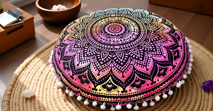 CRAFT KALA Large Round Bohemian Floor Pillow Pouf Cover Mandala Meditation Room Pillow Cover for Adults Boho Seating Poufs Cushion Cover for Kids Playroom 32" Round Multi Ombre - Bloomnest