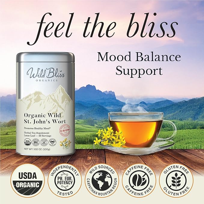Wild Bliss Organic St Johns Wort Tea - Caffeine Free Mood Balance Support Herbal Tea - Pharmacopoeia Potency - Loose Leaf 3.52 Oz - 50 Servings - Bloomnest