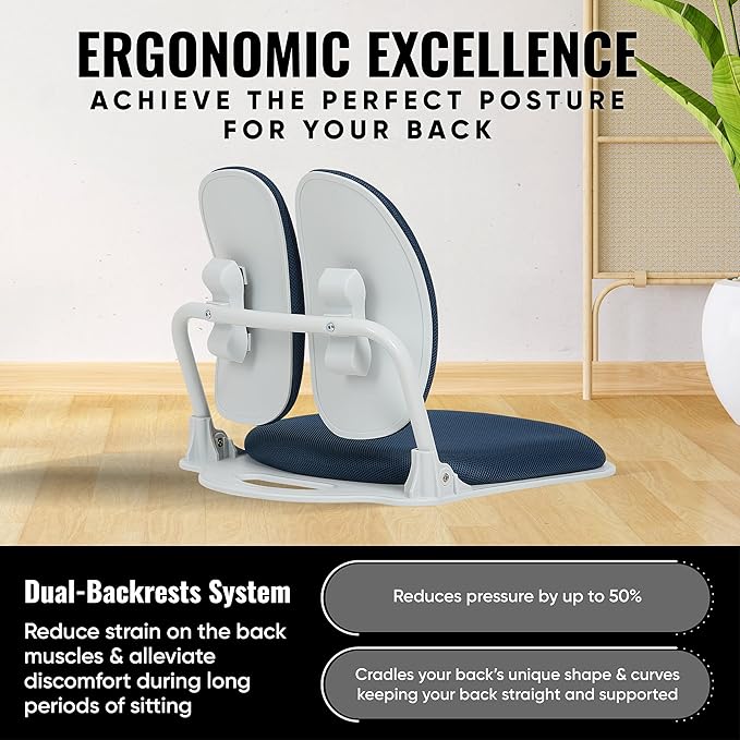 Made in Korea Dual-Backrests Ergonomic Floor Chair With Back Support - Meditation, Gaming, Reading Chair for Adults, Foldable (Blue) - Bloomnest