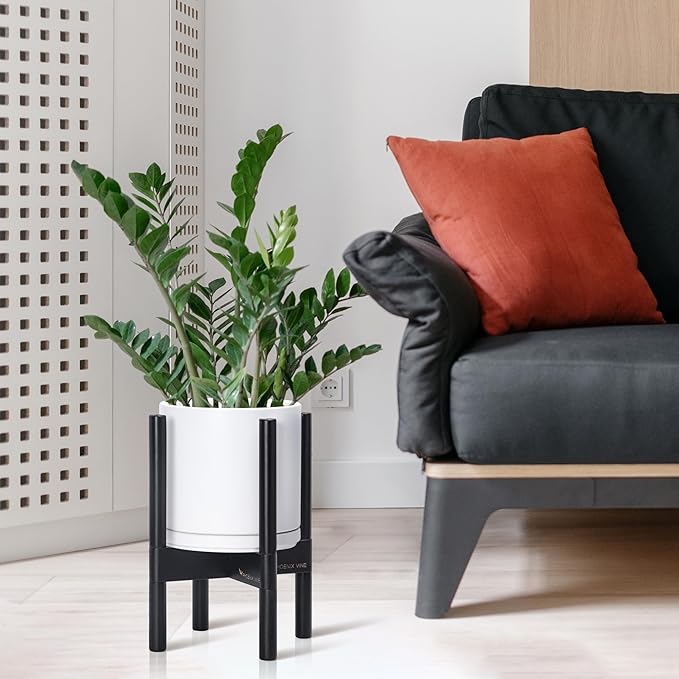 D'vine Dev Ceramic Planter with Ebony Stand - 8 Inch Modern Round Flower Pot with Wood Planter Holder, White, 55-B-M-1 - Bloomnest