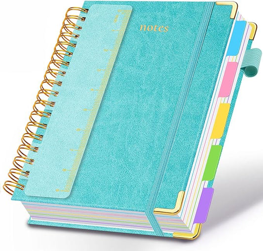Hardcover Spiral Notebook 8"x10" Journal Notebook with Tabs and Removable Dividers 300 Pages 5 Subject Notebook College Ruled, Faux Leather Spiral Bound Notebook for Women School Work (Blue) - Bloomnest