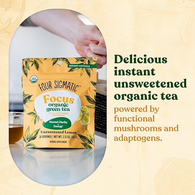 Four Sigmatic Focus Organic Green Tea | Focus Enhancing Tea with Lion's Mane Mushroom Extract | Organic Green Tea, Mint, and Rose Hips | Vegan, Gluten-Free | Unsweetened with Lemon, 24 Servings - Bloomnest