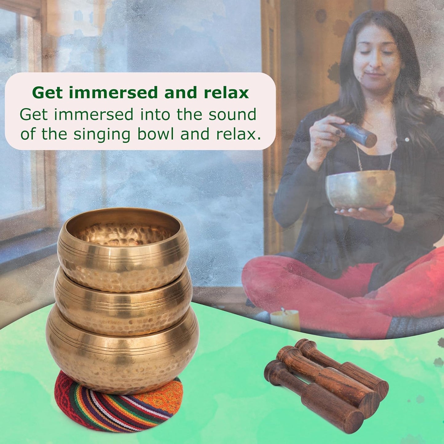 Tibetan Singing Bowl Set - Authentic Cuencos Tibetanos for Sound Healing, Meditation & Chakra Balancing - Includes Cushion, Mallet-Unique Spiritual Gifts for Women and Men (3 Chakra Set)