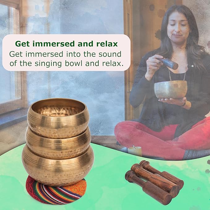 Tibetan Singing Bowl Set - Authentic Cuencos Tibetanos for Sound Healing, Meditation & Chakra Balancing - Includes Cushion, Mallet-Unique Spiritual Gifts for Men and Women (3 Chakra Set) LNYSI