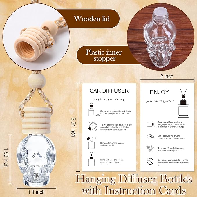 Boao 25 Sets Halloween Hanging Car Air Freshener Diffuser Bottles Empty Bulk with Car Diffuser Instruction Card Organza Bags Glass Refillable Essential Oil Fragrance Aromatherapy Pendant(Skull, Clear) - Bloomnest