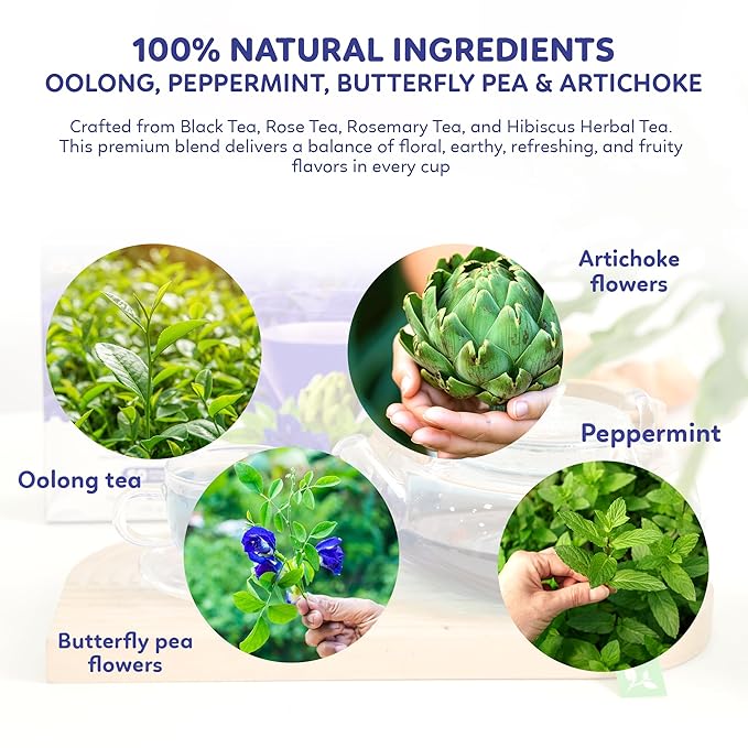 Indochine Blends Cooling Tea | Oolong, Artichoke, Butterfly Pea & Peppermint | Sugar-Free, Caffeine-Free Herbal Tea | Vibrant Blue | Herbal Tea for Relaxation | 4.4 oz | 50 Corn-Fiber Pyramid Bags - Bloomnest