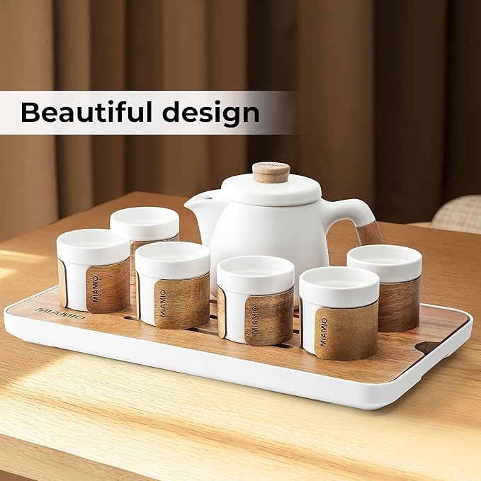 MIAMIO - Japanese/Chinese Tea Set 6 x 3.4 oz/Asian Tea Pot 21 oz with Tea Infuser, Traditional Japanese Tea Cups Set for Tea Lovers/Men/Women (White) - Bloomnest