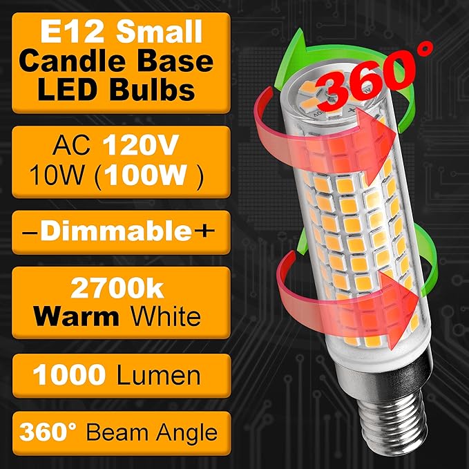 E12 Dimmable LED Candelabra Light Bulbs 100 Watt Equivalent 2700K Warm White 1000 Lumen 10W E12 C7 T6 LED Corn Bulbs for Home Decorative Chandelier Ceiling Fan Pendant Lighting Salt Lamp,3 Pack - Bloomnest