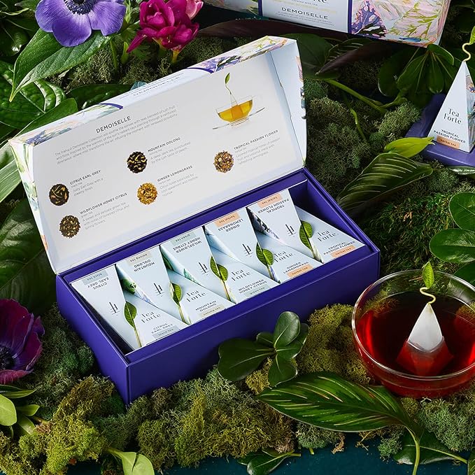 Tea Forte Demoiselle Petite Presentation Box Tea Gift Set Sampler, 10 Count, 2 of Each Variety Individually Wrapped Handcrafted Pyramid Infuser Bags - Bloomnest