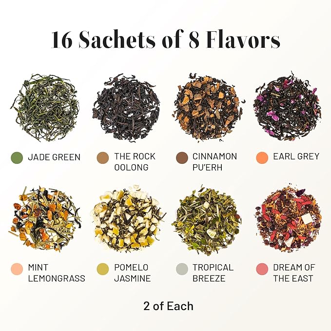 CHAYEAH, Premium Tea Collection (16 Pyramid Tea Sachets, 8 Assorted Flavors), Green, Black, Oolong, Pu’erh & Herbal Tea Sampler Variety Pack, Caffeinated and Non-Caffeinated, Whole Leaf Tea Bag - Bloomnest