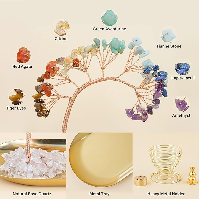 ZenBless 7 Chakra Healing Crystal Tree Incense Holder Palo Santo Sage Burner Brass Ash Catcher for Incense Sticks Coil Cones Yoga Meditation Zen Spiritual Room Home Decoration (Oval) - Bloomnest
