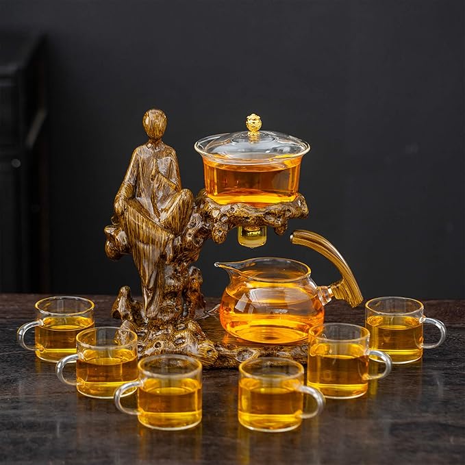 Semi Automatic Teapot Set, Glass Teapot Set with Strainer Kungfu Tea Sets (Meditation-brown) - Bloomnest