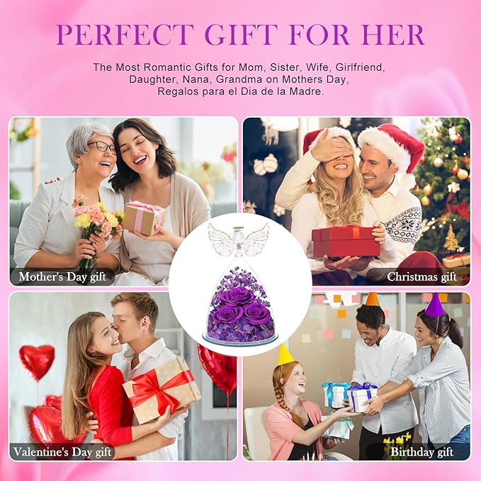 Valentines Day Gifts for Her Women Preserved Flower Rose, Forever Eternal Flowers in Glass Angel Figurines Flowers for Delivery Prime Purple Gift for Grandma Mom Sister Wife Girlfriend Mother Birthday - Bloomnest