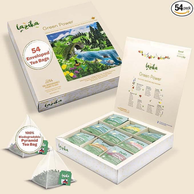 Lazika Green Tea Variety Pack with Lovely Presentation Box, 54 Counts, Green Tea Assortment Gift Set, Premium Collection with Pyramid Infuser Bag, Early Harvest, Handcrafted - Bloomnest