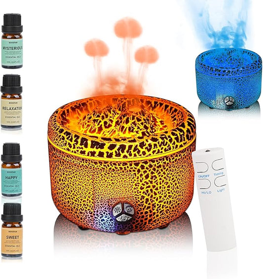 BOHOFAM Essential Oil Diffuser 500ML,Volcano and Flame Diffuser/Humidifier 2 Mode,Three Volcanic Vent Diffusers for Home,Included 4 Hotel Collection Diffuser Oil for Bedroom(Gray Crack) - Bloomnest