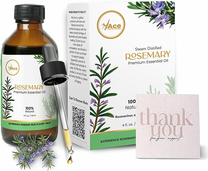MyAce Rosemary Essential Oil – 100% Pure & Natural | Cold Pressed | for Skin Brightening, Hair Nourishment, Diffuser, Cleaning, Massage, Aromatherapy, DIY Soaps & Candles 4 Fl Oz MyAce