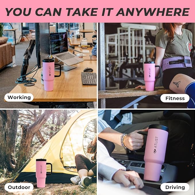100% Leakproof 40 oz Tumbler with Handle & 4-in-1 SipSwig Lid, Built-In Flip Straw & External Stainless Steel Straw, Insulated Stainless Steel Cup, BPA-Free, Pink & Black - Bloomnest